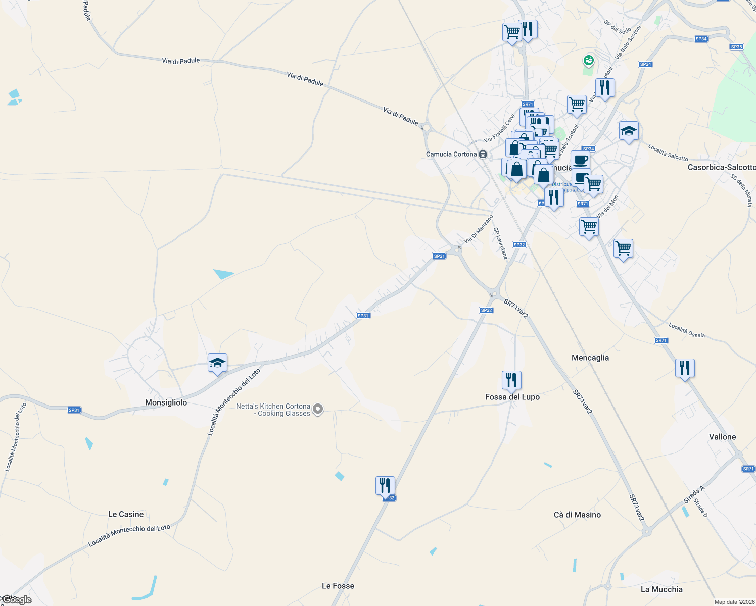 map of restaurants, bars, coffee shops, grocery stores, and more near SP31 in Camucia