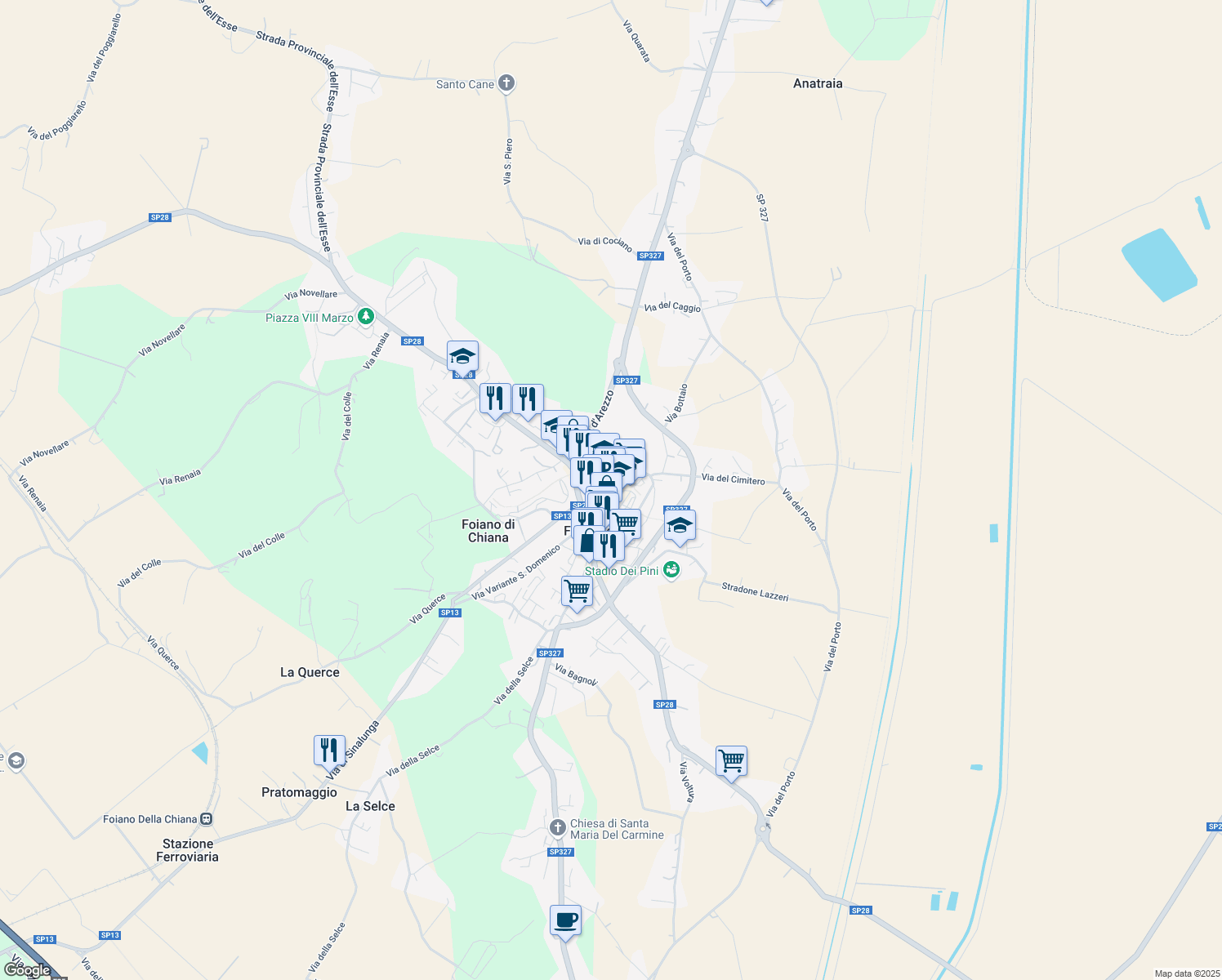 map of restaurants, bars, coffee shops, grocery stores, and more near 5 Piazza Camillo Benso Conte di Cavour in Foiano della Chiana