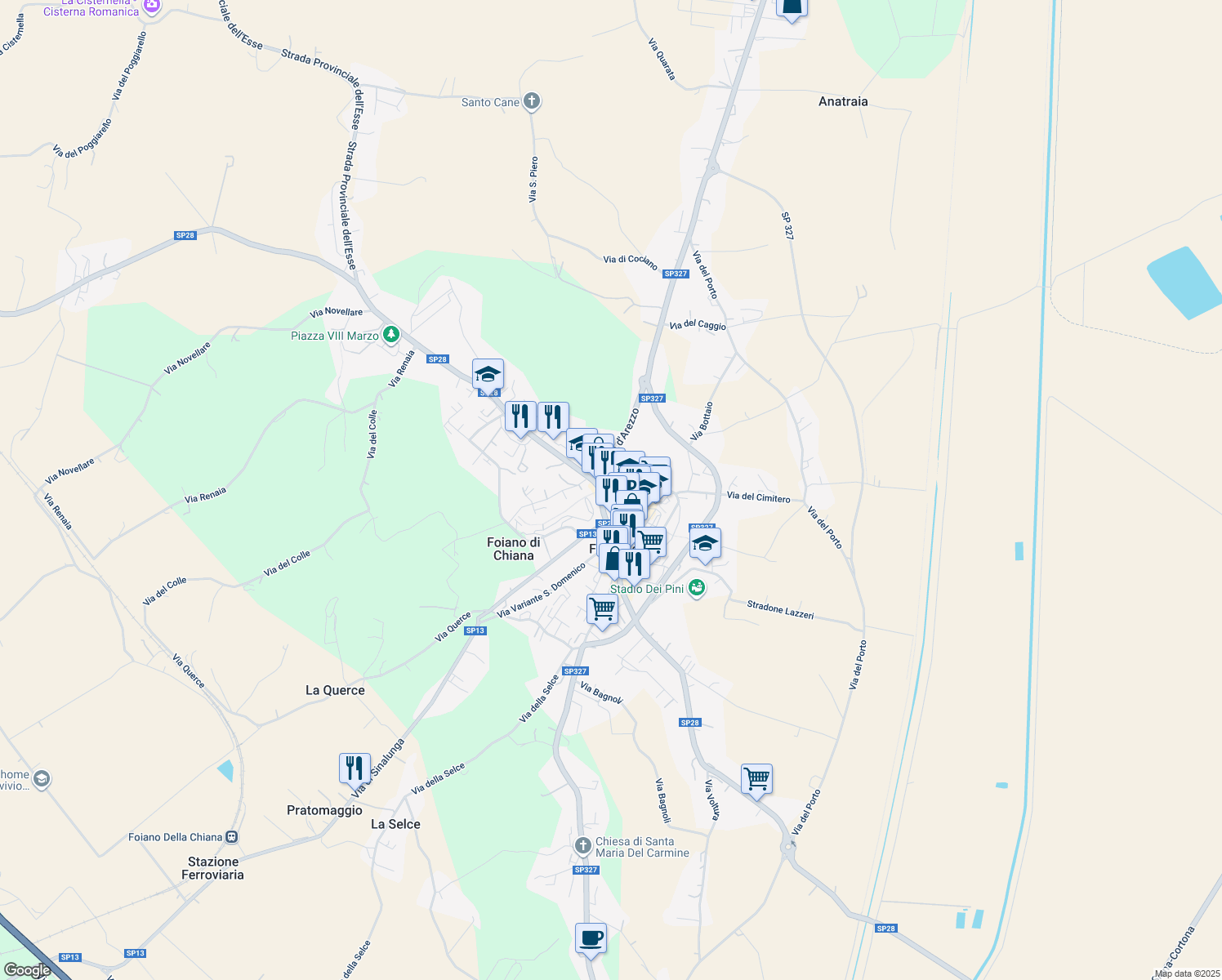 map of restaurants, bars, coffee shops, grocery stores, and more near 7 Strada Provinciale 28 Siena-Cortona in Foiano della Chiana