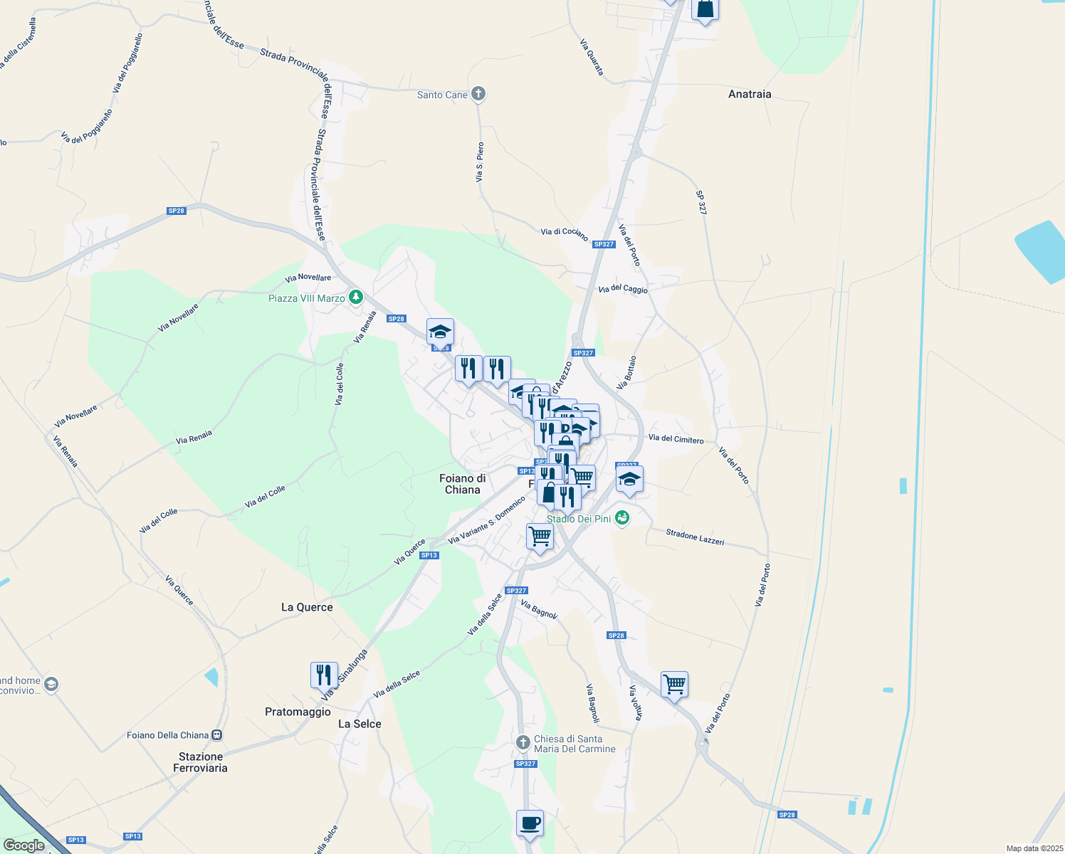 map of restaurants, bars, coffee shops, grocery stores, and more near 7 Strada Provinciale 28 Siena-Cortona in Foiano della Chiana