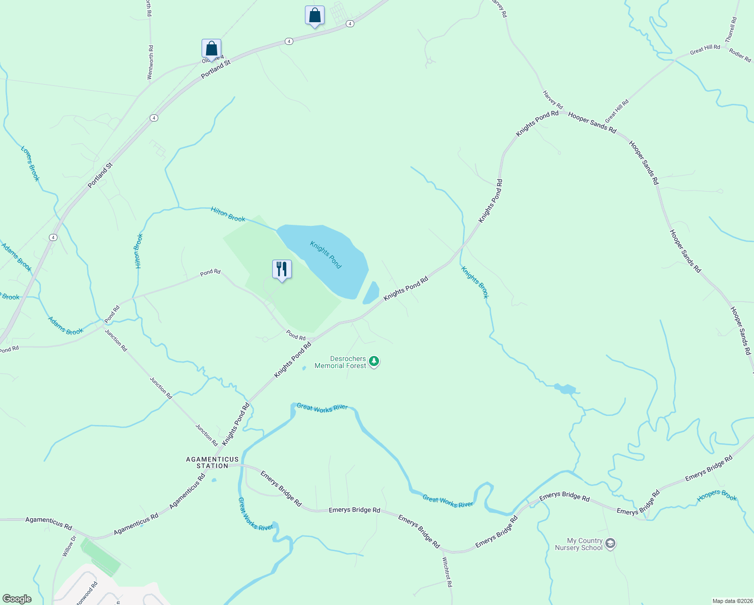 map of restaurants, bars, coffee shops, grocery stores, and more near 125 Knights Pond Road in South Berwick