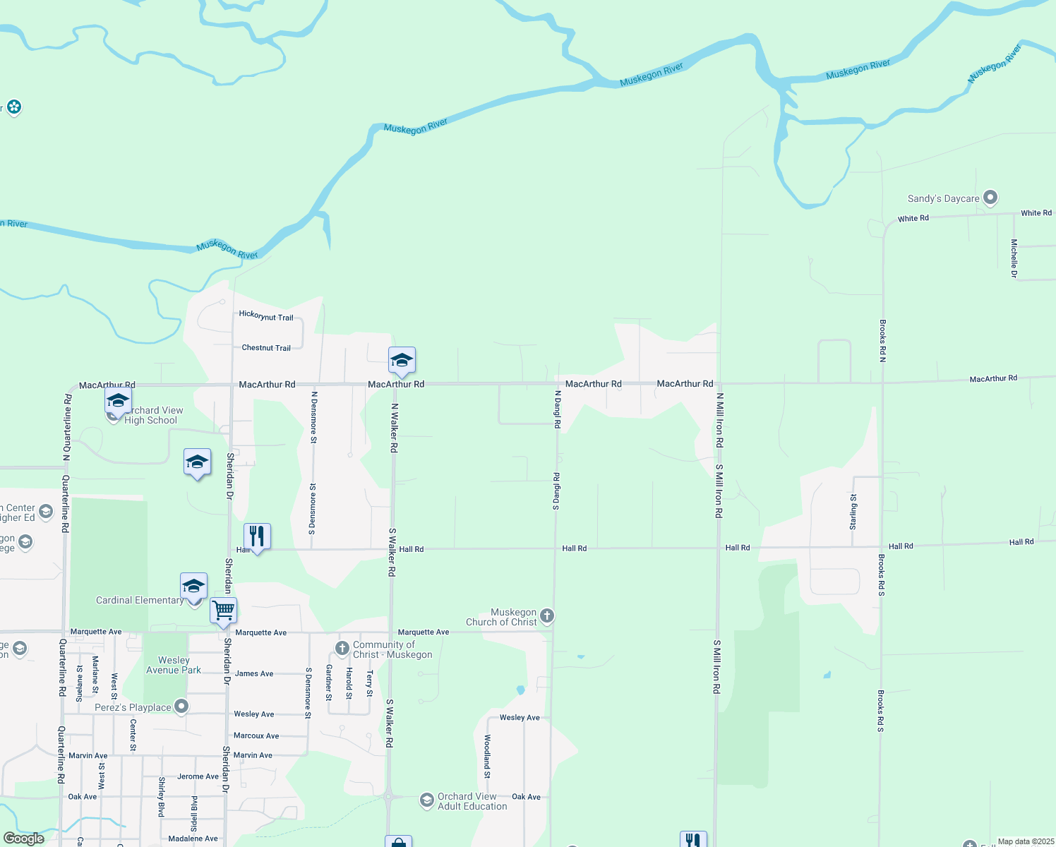 map of restaurants, bars, coffee shops, grocery stores, and more near 3077 Bonneta Road in Muskegon