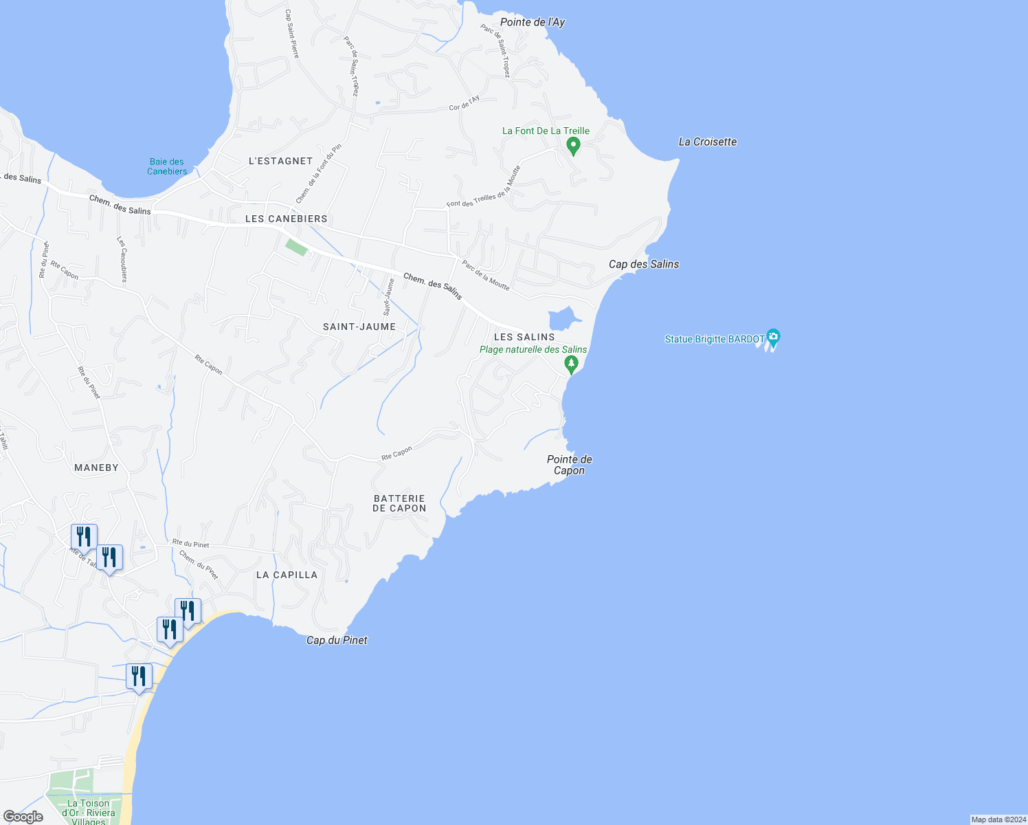 map of restaurants, bars, coffee shops, grocery stores, and more near 39 Les Salins in Saint-Tropez