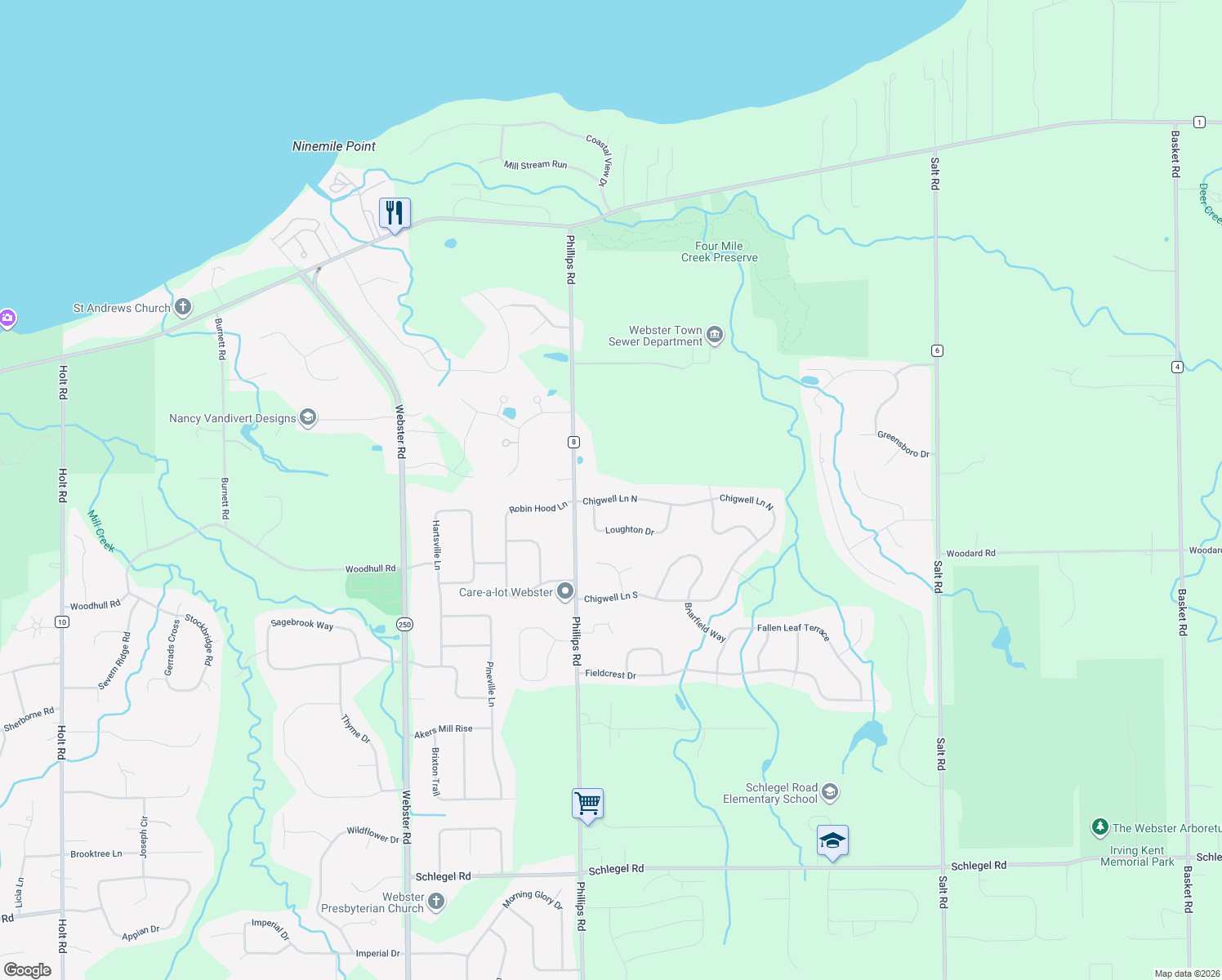 map of restaurants, bars, coffee shops, grocery stores, and more near 1430 Chigwell Lane North in Webster