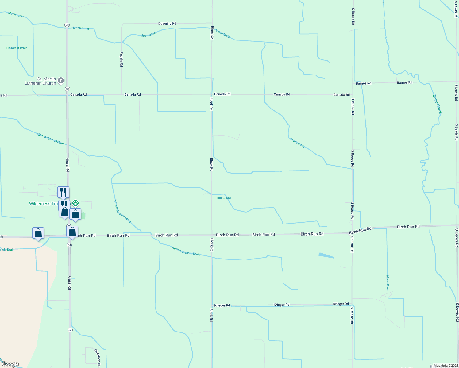 map of restaurants, bars, coffee shops, grocery stores, and more near 11655 Block Road in Birch Run