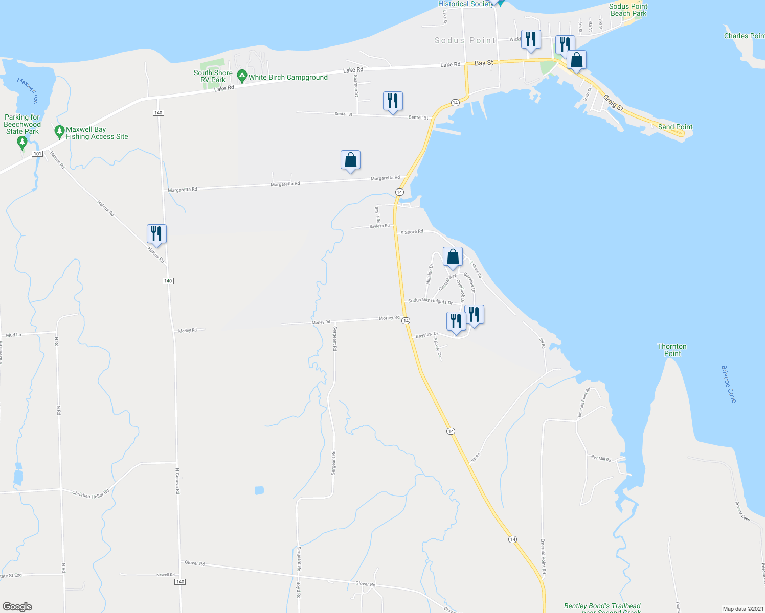 map of restaurants, bars, coffee shops, grocery stores, and more near 7075 New York 14 in Sodus Point