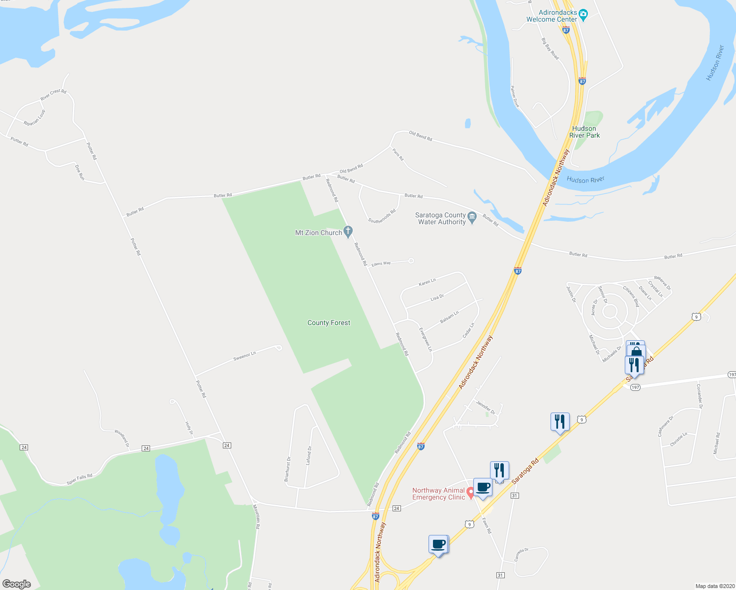 map of restaurants, bars, coffee shops, grocery stores, and more near 179 Redmond Road in Gansevoort