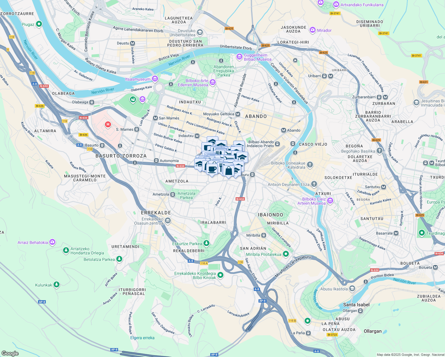 map of restaurants, bars, coffee shops, grocery stores, and more near 48 Concha Jeneralaren Kalea in Bilbao