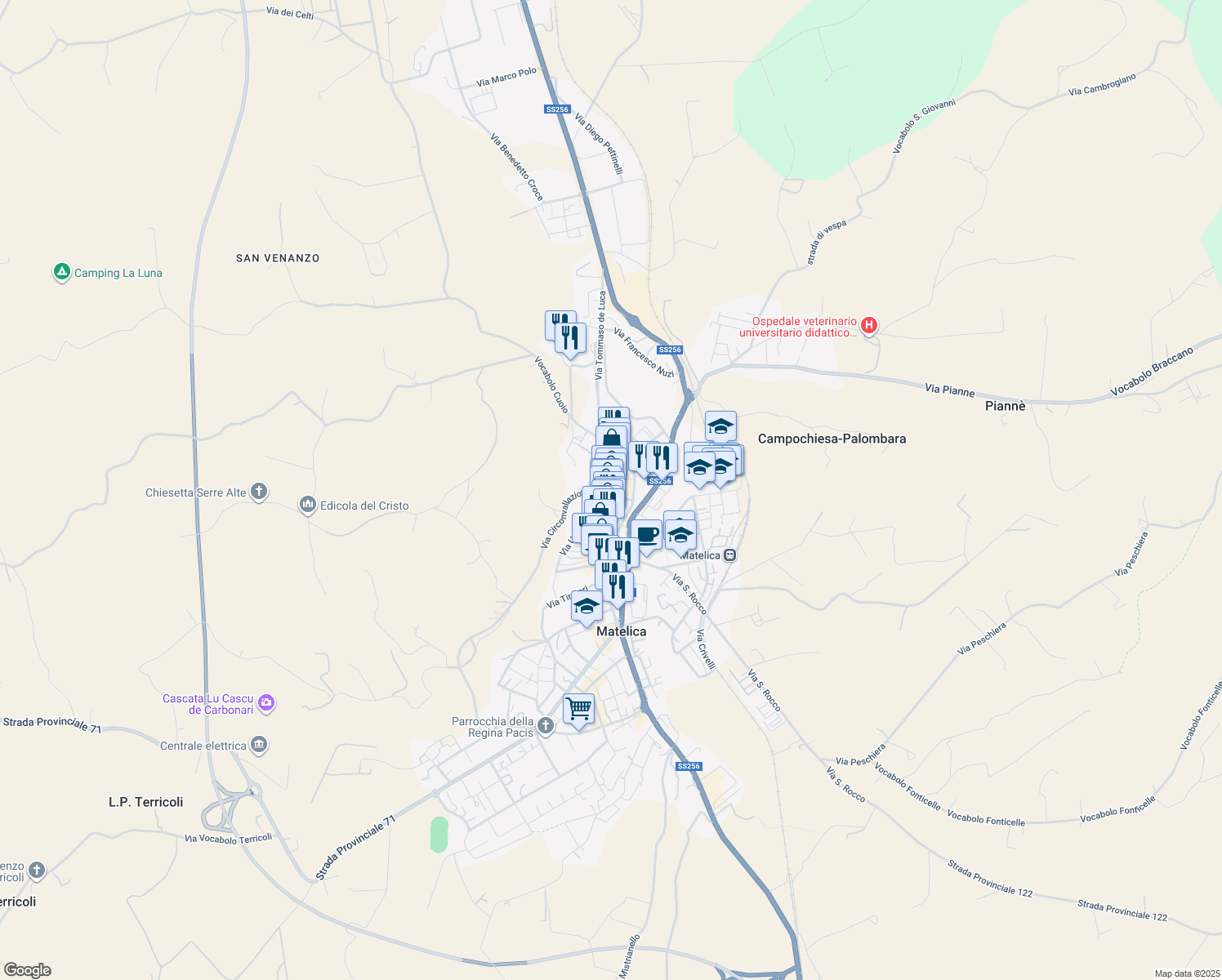 map of restaurants, bars, coffee shops, grocery stores, and more near 14 Piazza Enrico Mattei in Matelica