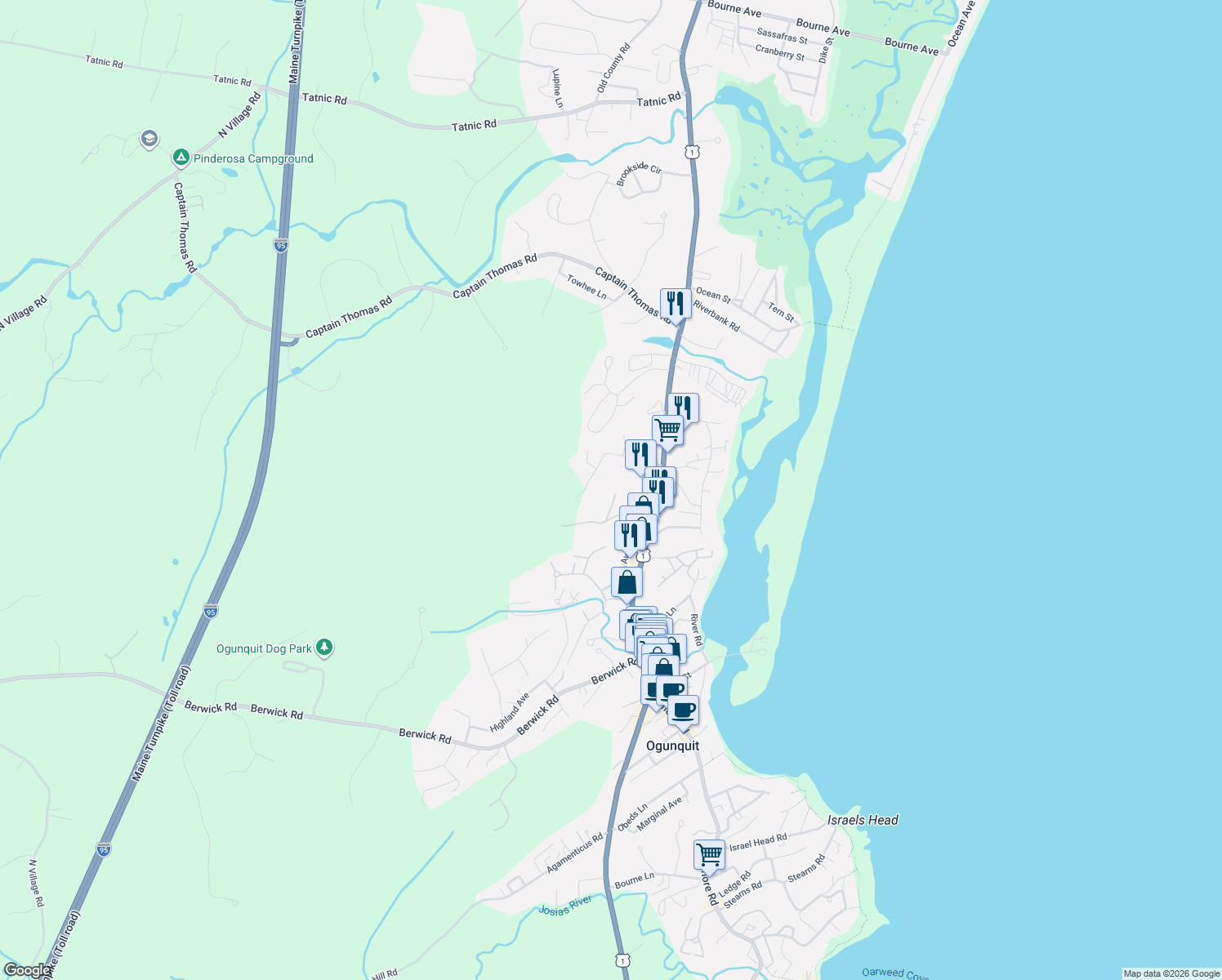 map of restaurants, bars, coffee shops, grocery stores, and more near 17 Summit Street in Ogunquit