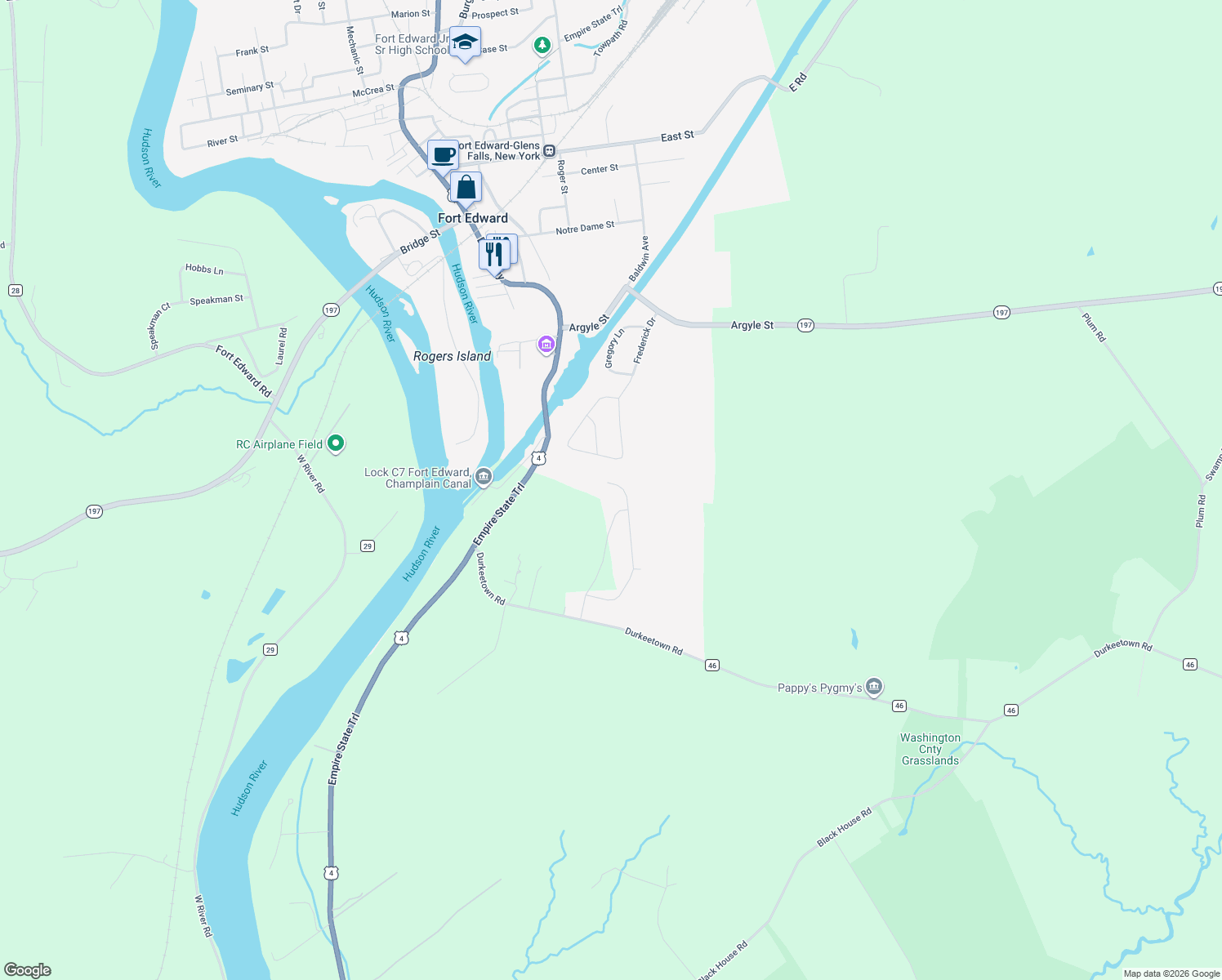 map of restaurants, bars, coffee shops, grocery stores, and more near 533 Drifting Ridge Road in Fort Edward