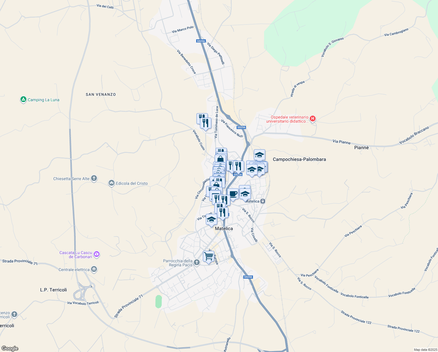 map of restaurants, bars, coffee shops, grocery stores, and more near 14 Piazza Enrico Mattei in Matelica