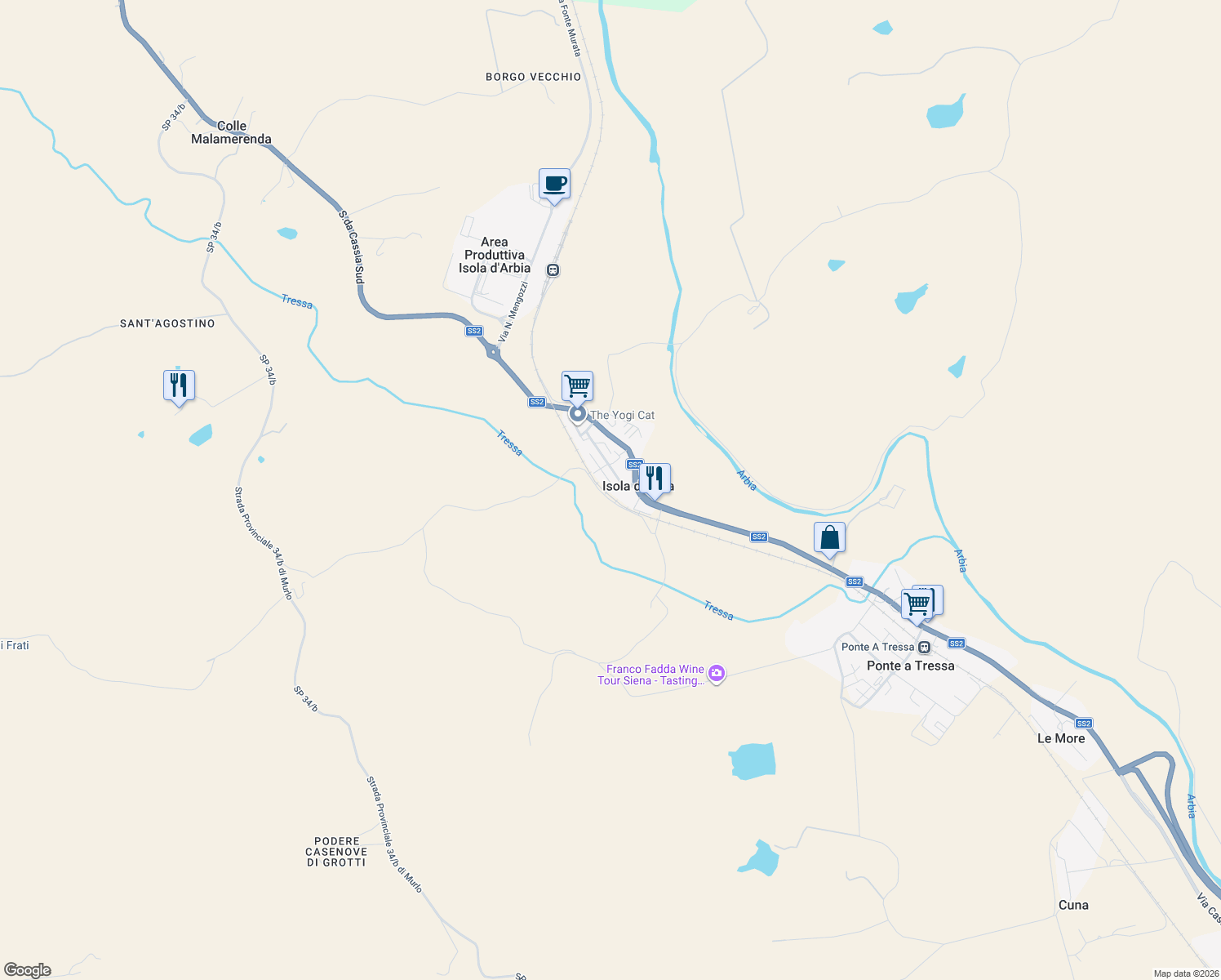 map of restaurants, bars, coffee shops, grocery stores, and more near 7 Via della Gabella in Isola d'Arbia