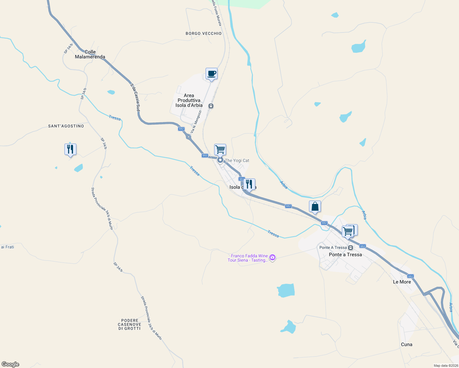 map of restaurants, bars, coffee shops, grocery stores, and more near 7 Via della Gabella in Isola d'Arbia