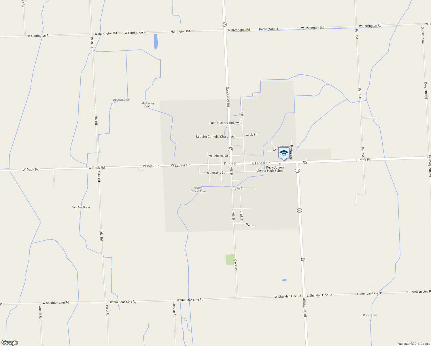 map of restaurants, bars, coffee shops, grocery stores, and more near 75 West Lorraine Street in Peck