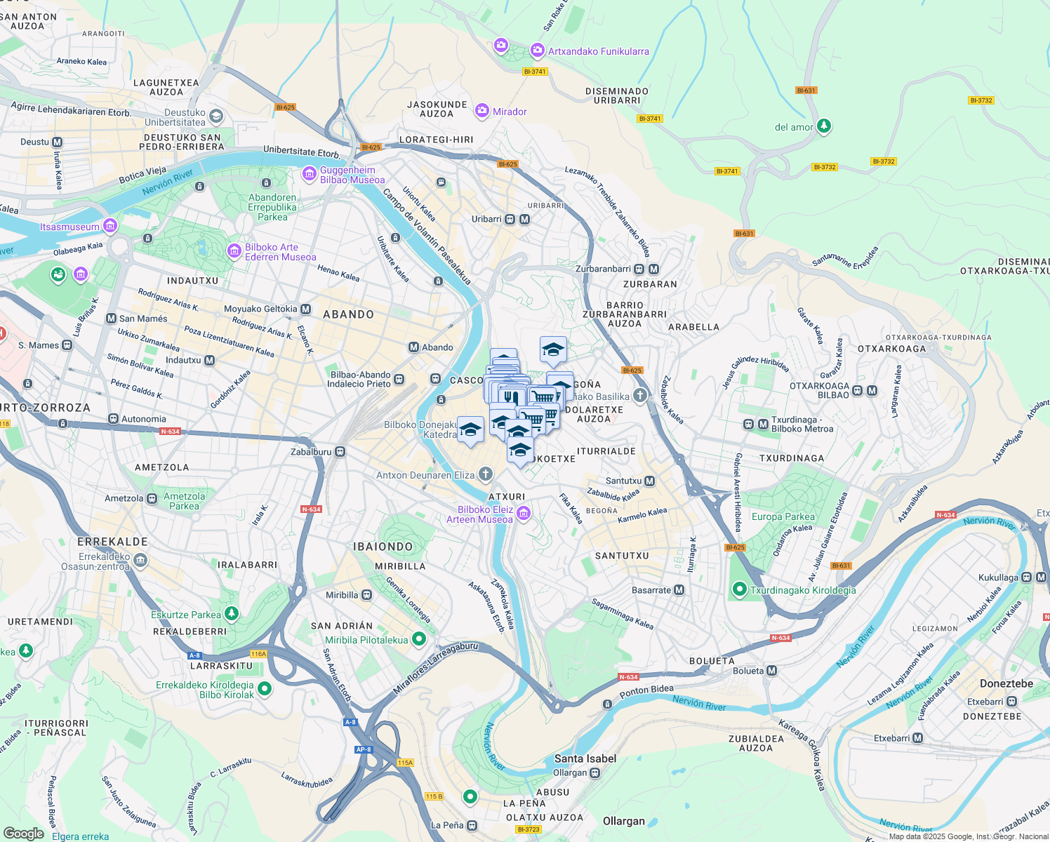 map of restaurants, bars, coffee shops, grocery stores, and more near 10 Iturribide Kalea in Bilbao
