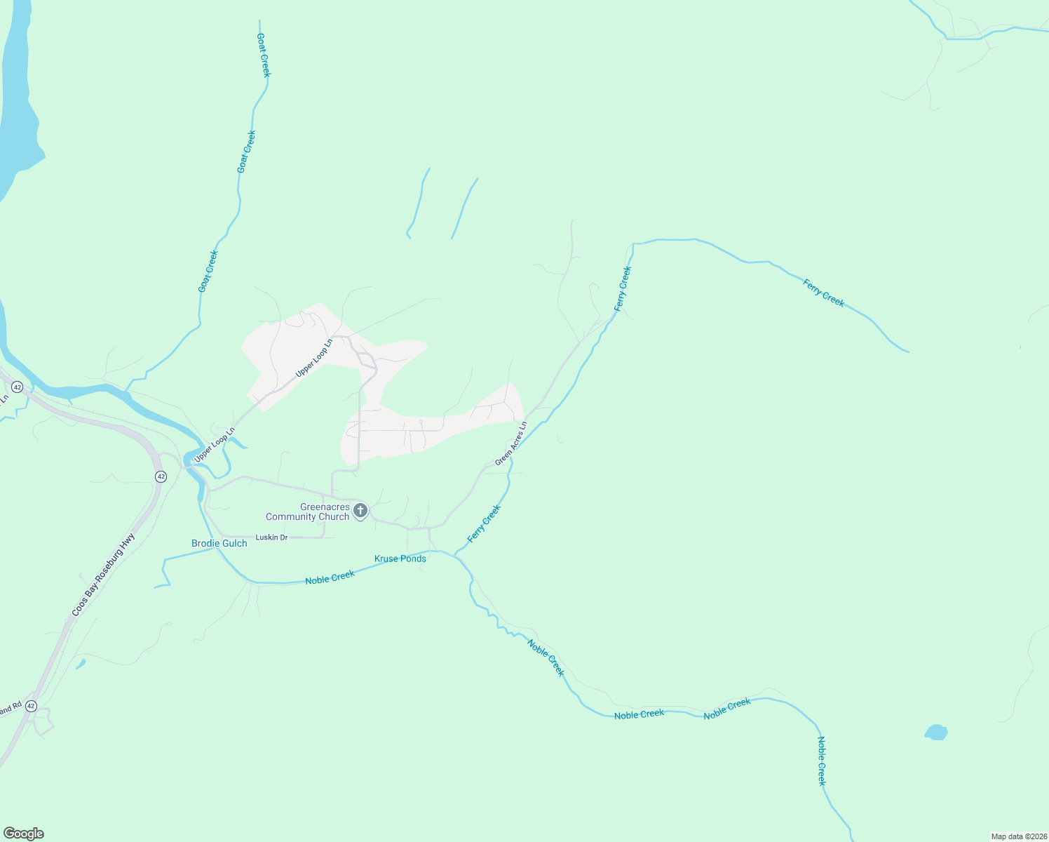 map of restaurants, bars, coffee shops, grocery stores, and more near Green Acres Lane in Coos Bay