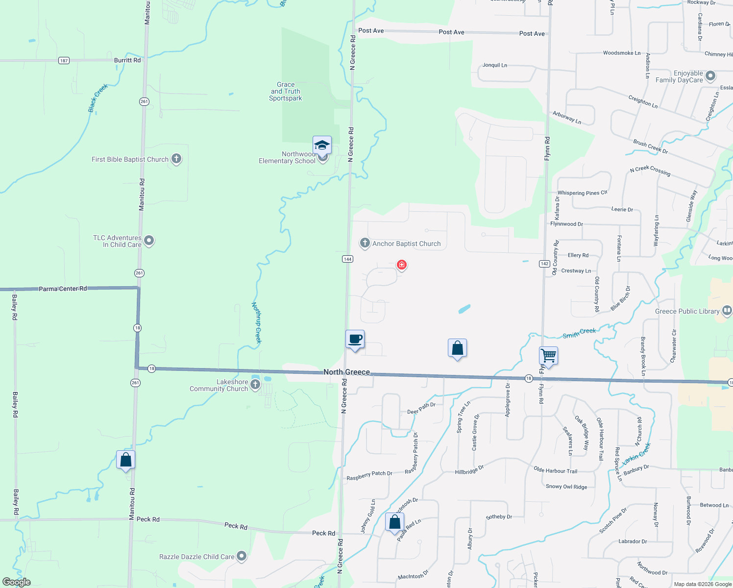 map of restaurants, bars, coffee shops, grocery stores, and more near 1 Maple Center Road in Hilton
