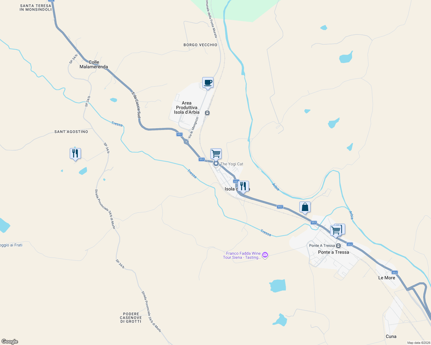 map of restaurants, bars, coffee shops, grocery stores, and more near 54 Via della Mercanzia in siena