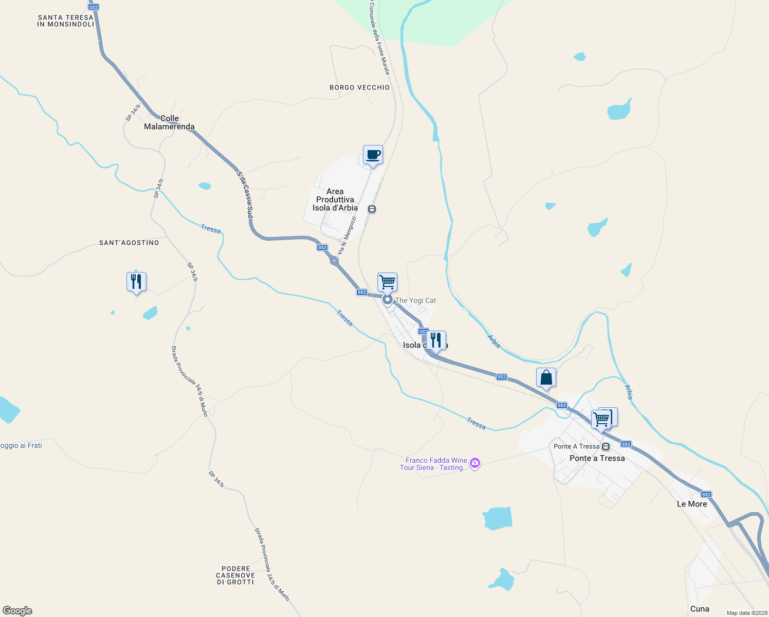 map of restaurants, bars, coffee shops, grocery stores, and more near 54 Via della Mercanzia in siena