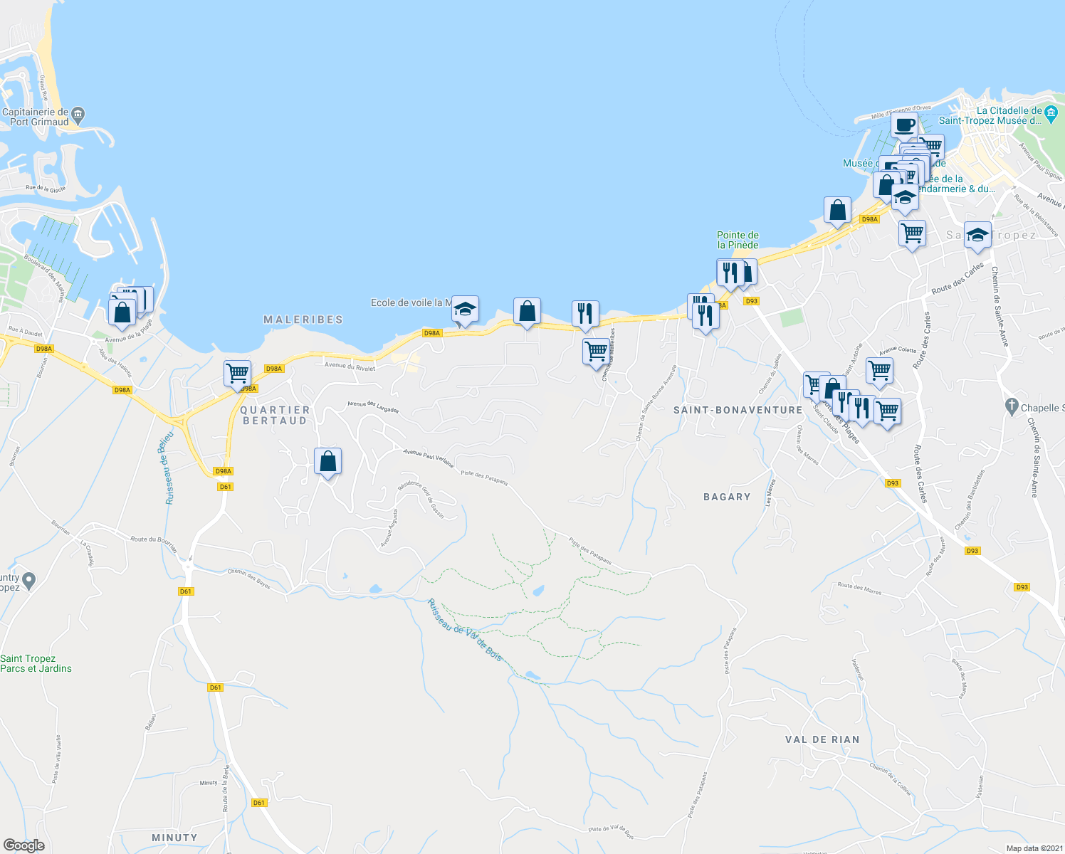 map of restaurants, bars, coffee shops, grocery stores, and more near 6 Avenue Frédéric Mistral in Gassin