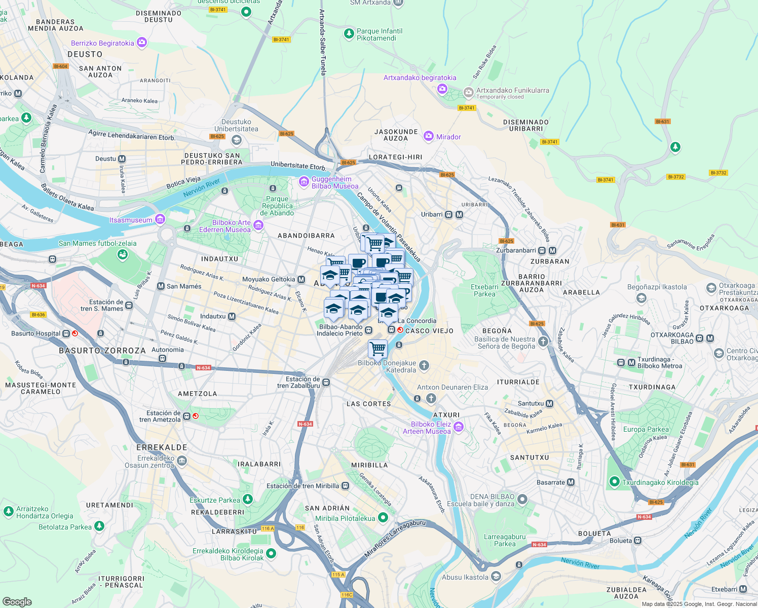 map of restaurants, bars, coffee shops, grocery stores, and more near 4 Don Diego López Haroko Kale Nagusia in Bilbo