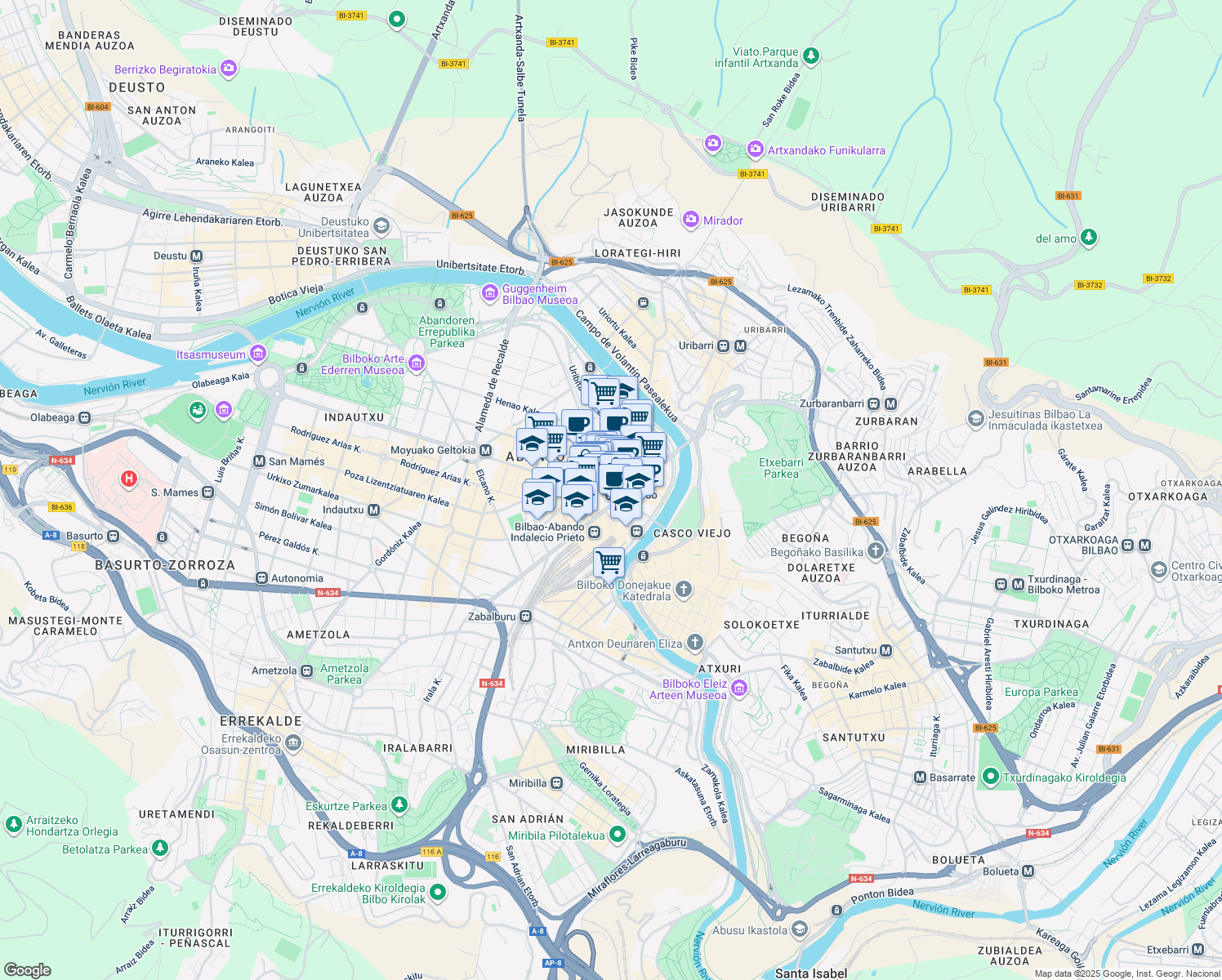 map of restaurants, bars, coffee shops, grocery stores, and more near 4 Don Diego López Haroko Kale Nagusia in Bilbo