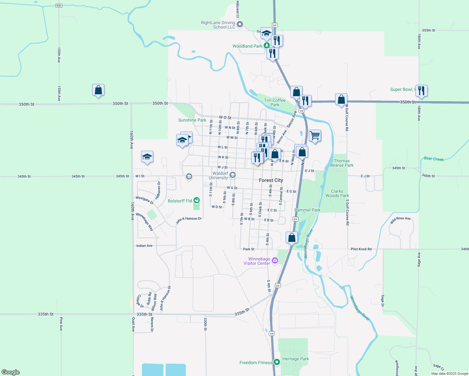 map of restaurants, bars, coffee shops, grocery stores, and more near 398 W G St in Forest City