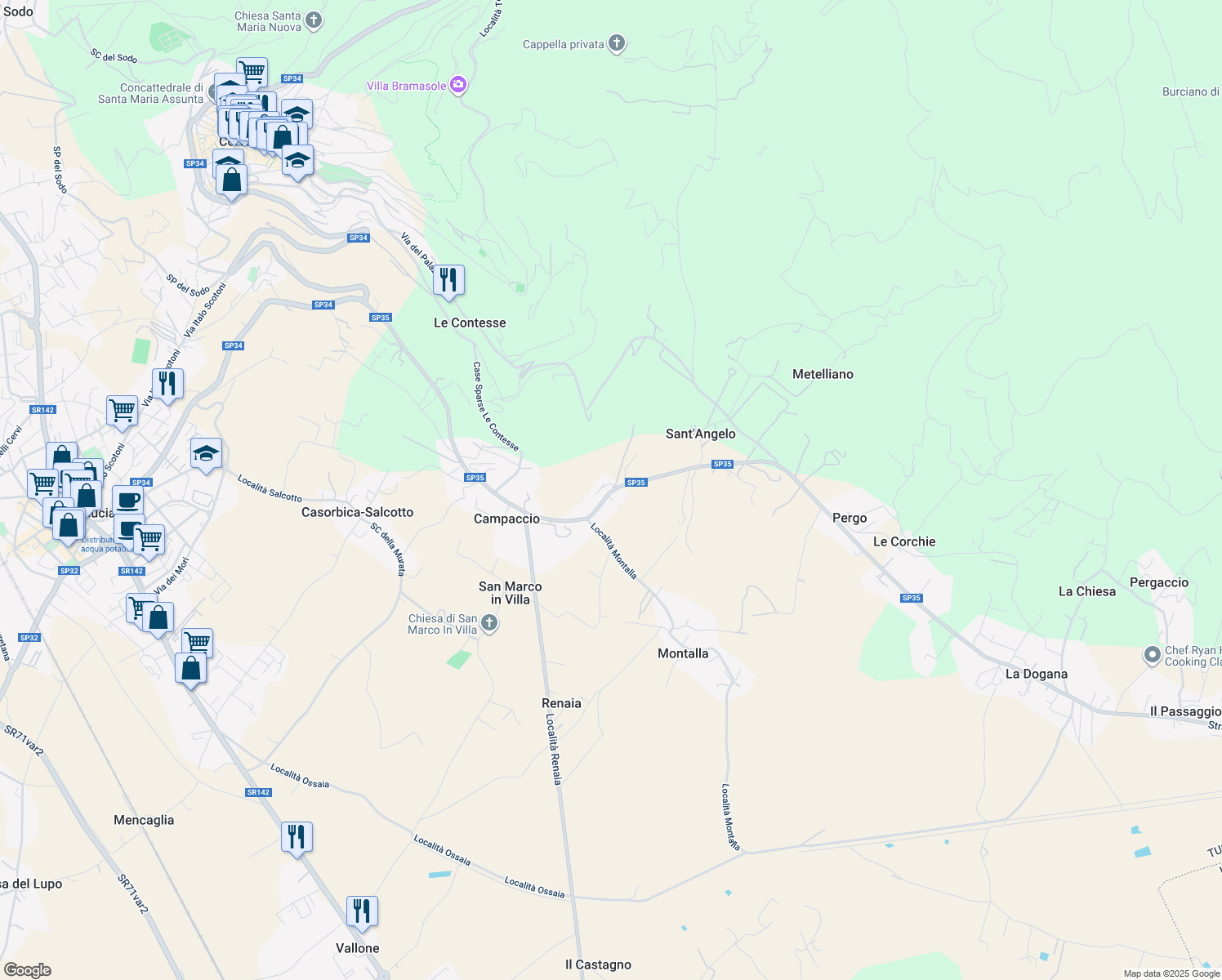 map of restaurants, bars, coffee shops, grocery stores, and more near 38 Strada Provinciale Val di Pierle in Campaccio