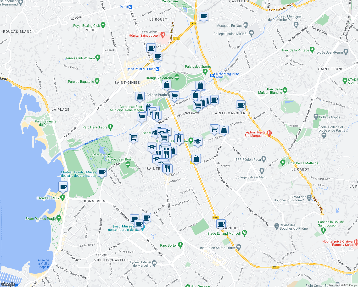 map of restaurants, bars, coffee shops, grocery stores, and more near 280 Boulevard Michelet in Marseille
