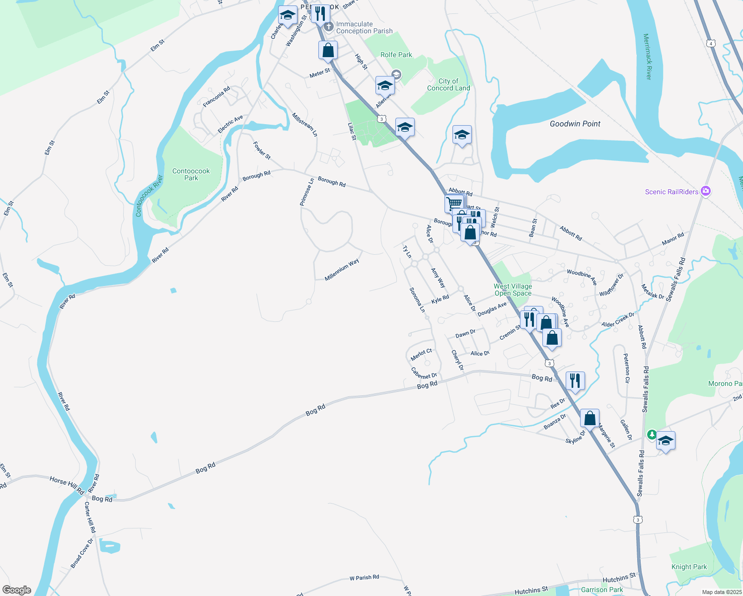 map of restaurants, bars, coffee shops, grocery stores, and more near 74 Blueberry Lane in Concord