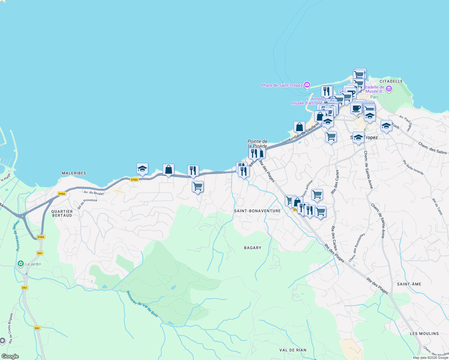 map of restaurants, bars, coffee shops, grocery stores, and more near 3852 Route Départementale 98A in Gassin