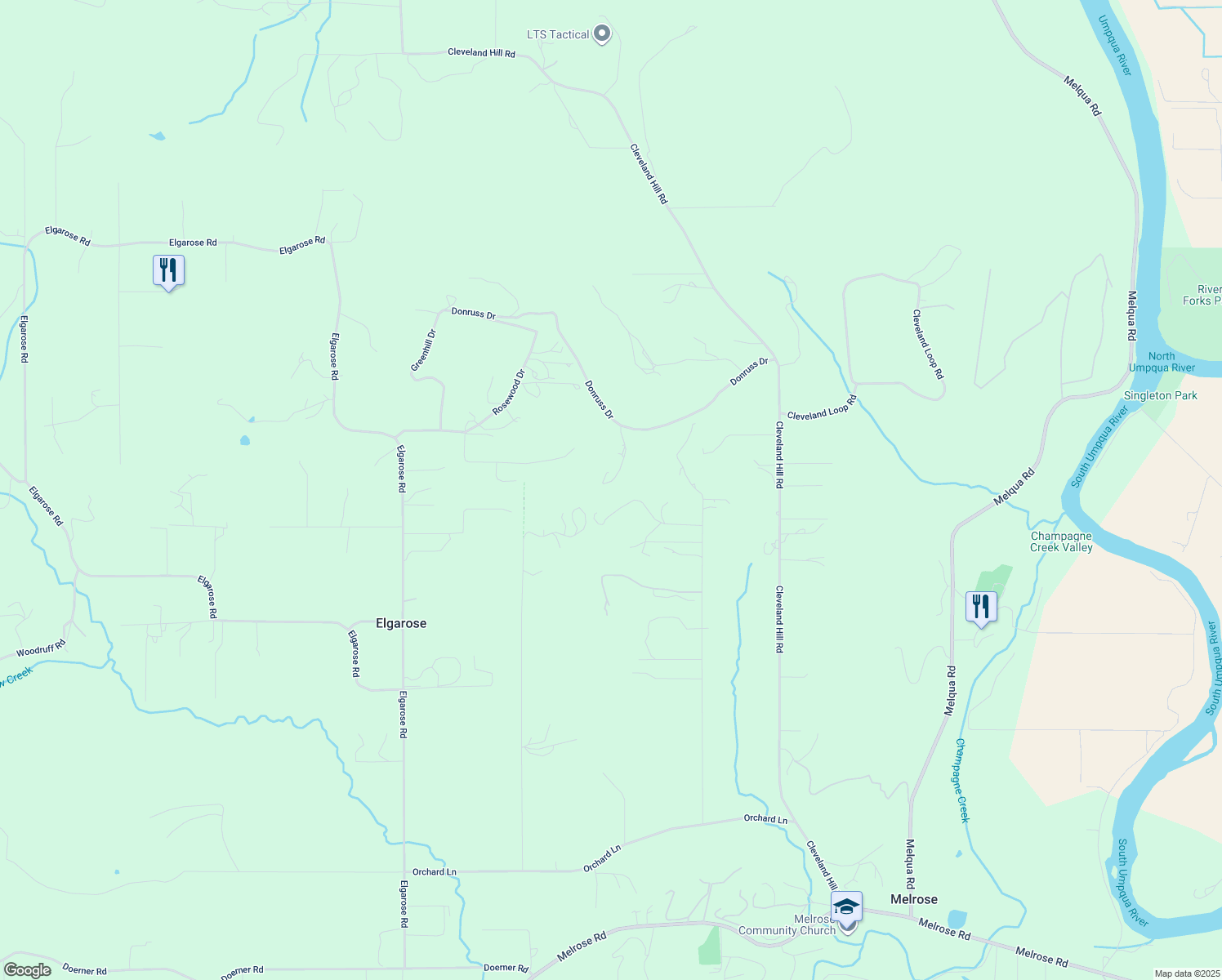 map of restaurants, bars, coffee shops, grocery stores, and more near 608 Donruss Drive in Roseburg