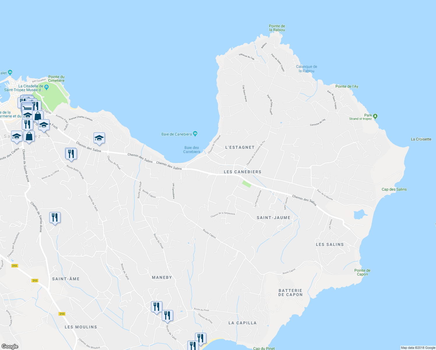 map of restaurants, bars, coffee shops, grocery stores, and more near 162 Route des Salins in Saint-Tropez