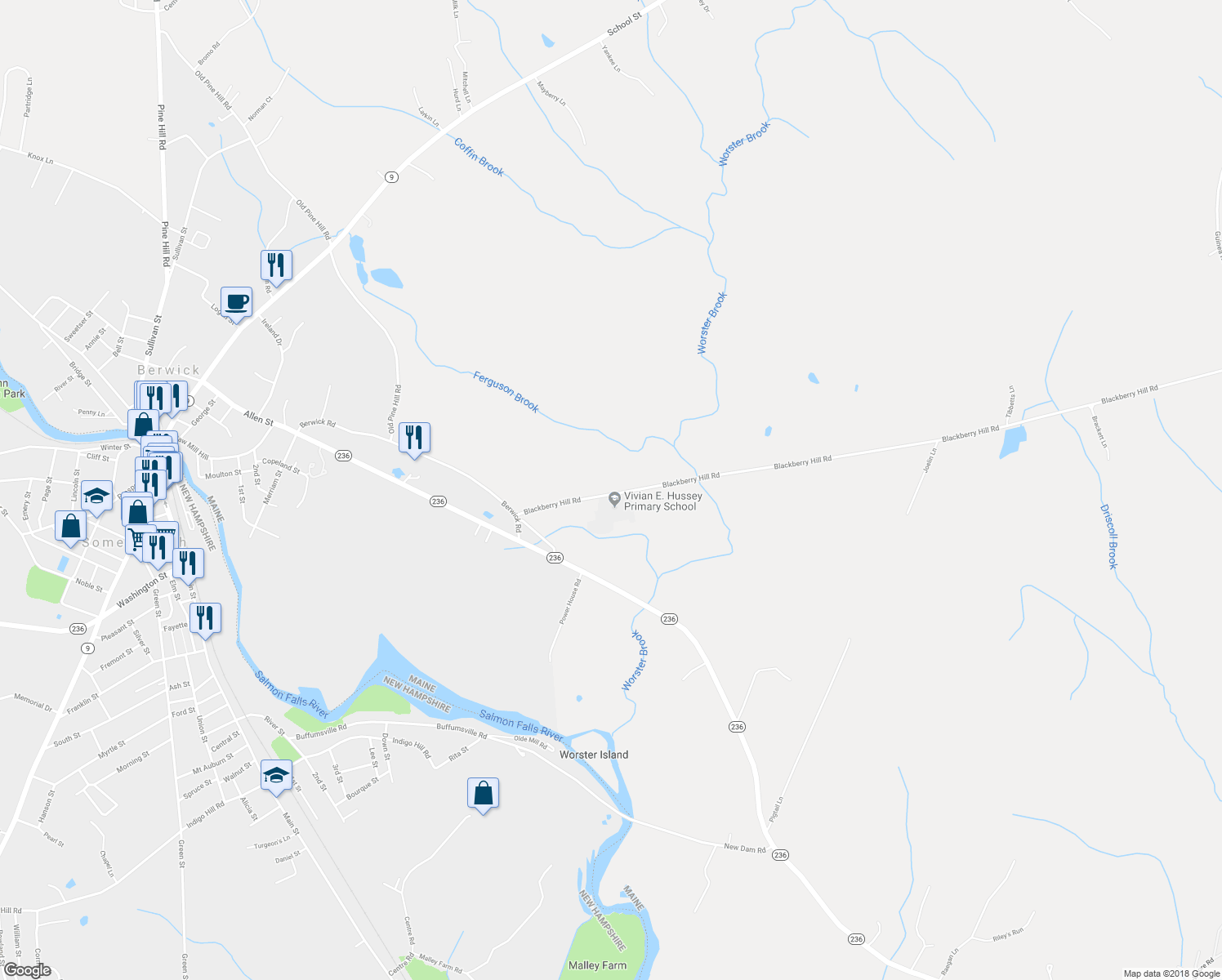map of restaurants, bars, coffee shops, grocery stores, and more near 23 Blackberry Hill Road in Berwick