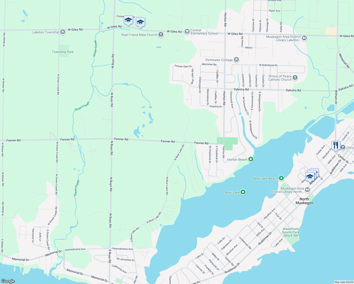 map of restaurants, bars, coffee shops, grocery stores, and more near 1945 Fenner Road in Muskegon