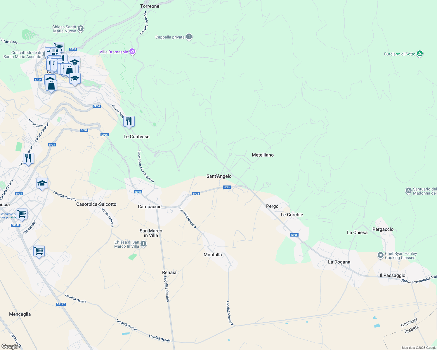 map of restaurants, bars, coffee shops, grocery stores, and more near 38 Strada Provinciale Val di Pierle in Campaccio
