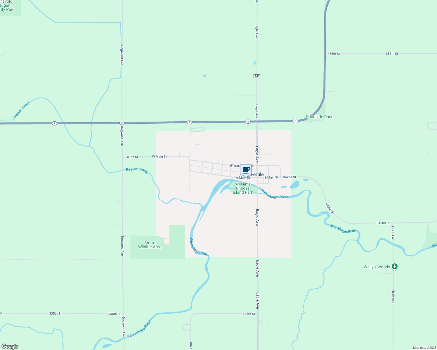 map of restaurants, bars, coffee shops, grocery stores, and more near 429 West Main Street in Fertile