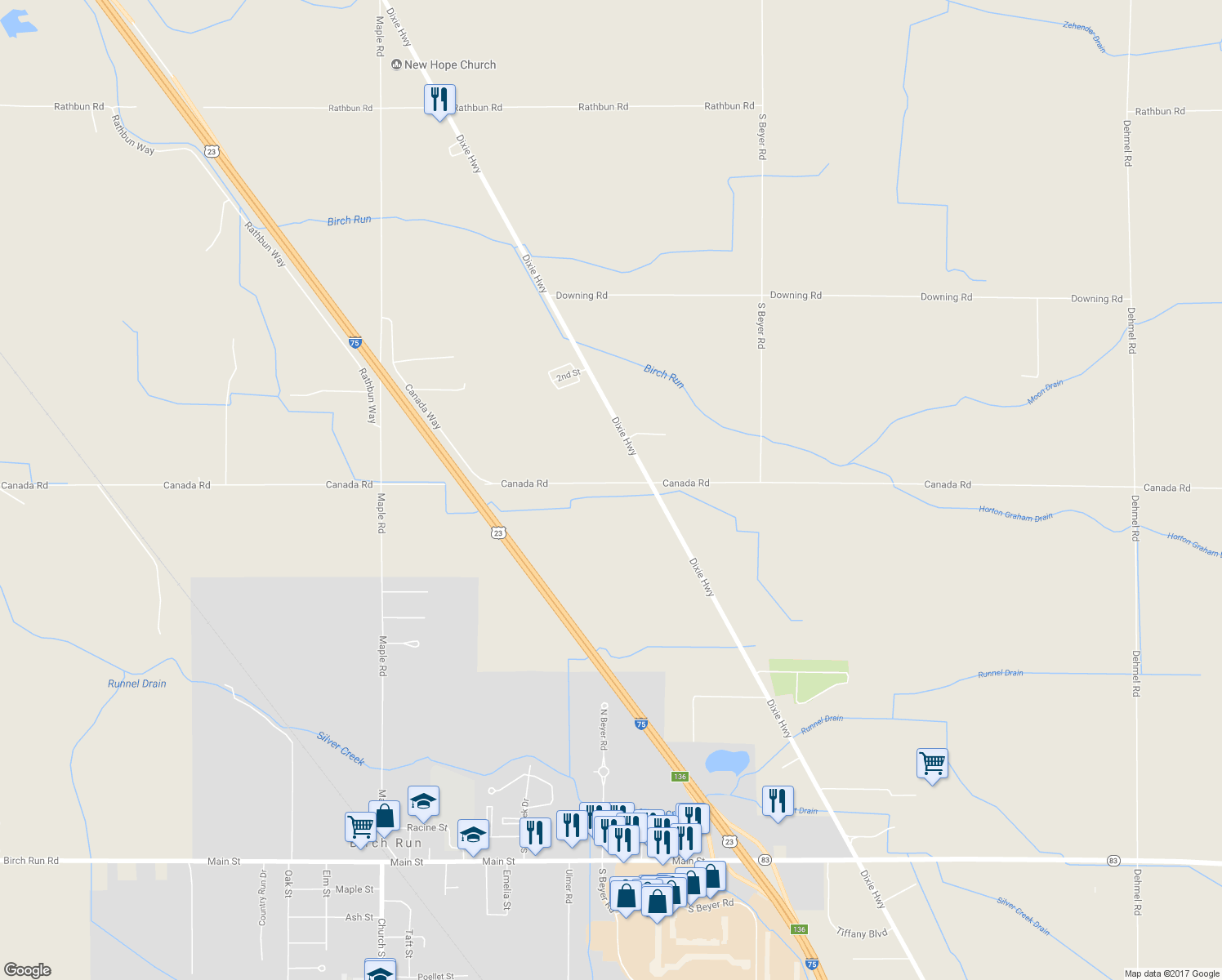map of restaurants, bars, coffee shops, grocery stores, and more near 8600 Canada Road in Birch Run