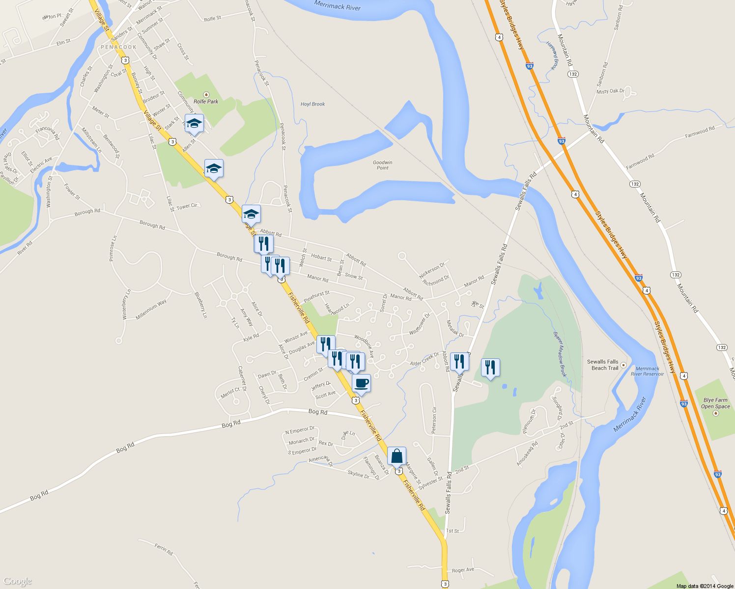 map of restaurants, bars, coffee shops, grocery stores, and more near 76 Manor Road in Concord