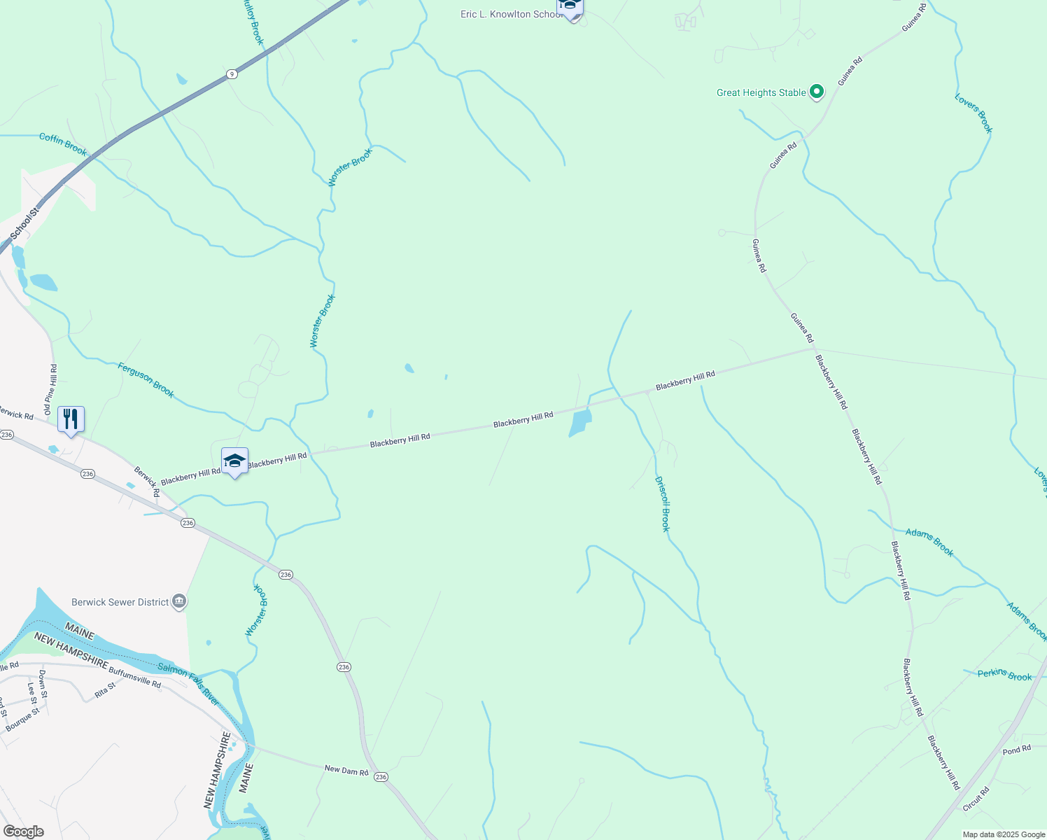 map of restaurants, bars, coffee shops, grocery stores, and more near 85 Blackberry Hill Rd in Berwick