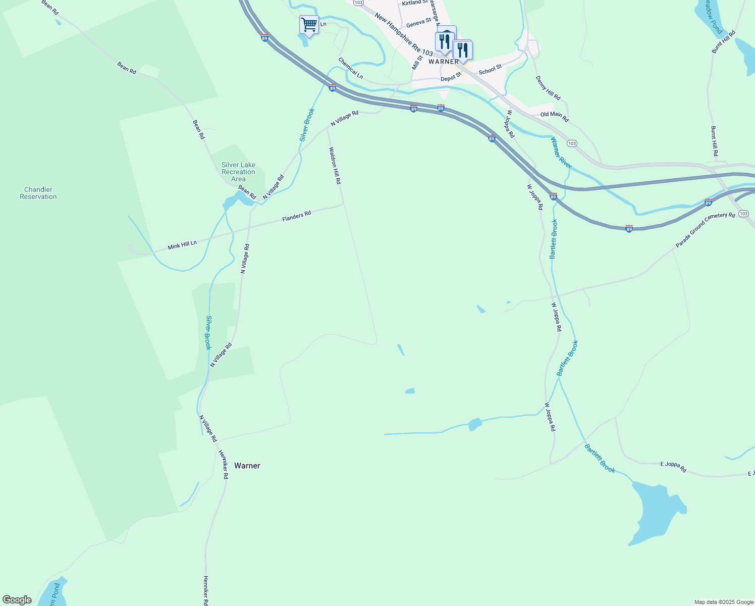 map of restaurants, bars, coffee shops, grocery stores, and more near 165 Waldron Hill Road in Warner