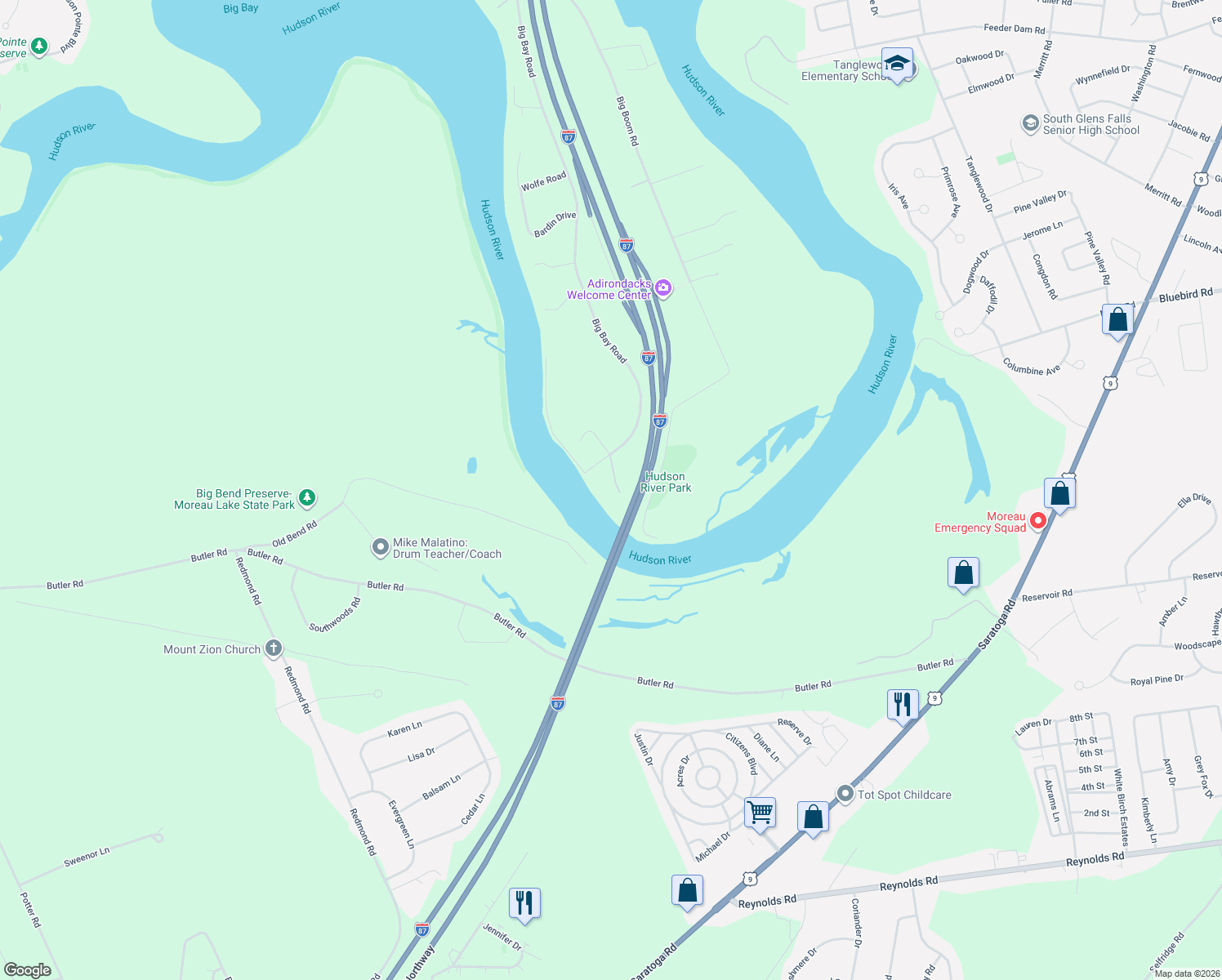 map of restaurants, bars, coffee shops, grocery stores, and more near 18 Hudson View Lane in Queensbury