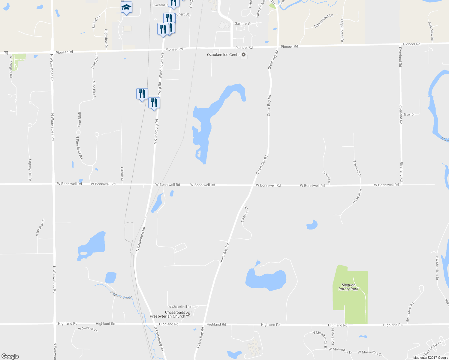 map of restaurants, bars, coffee shops, grocery stores, and more near 5610 West Bonniwell Road in Mequon