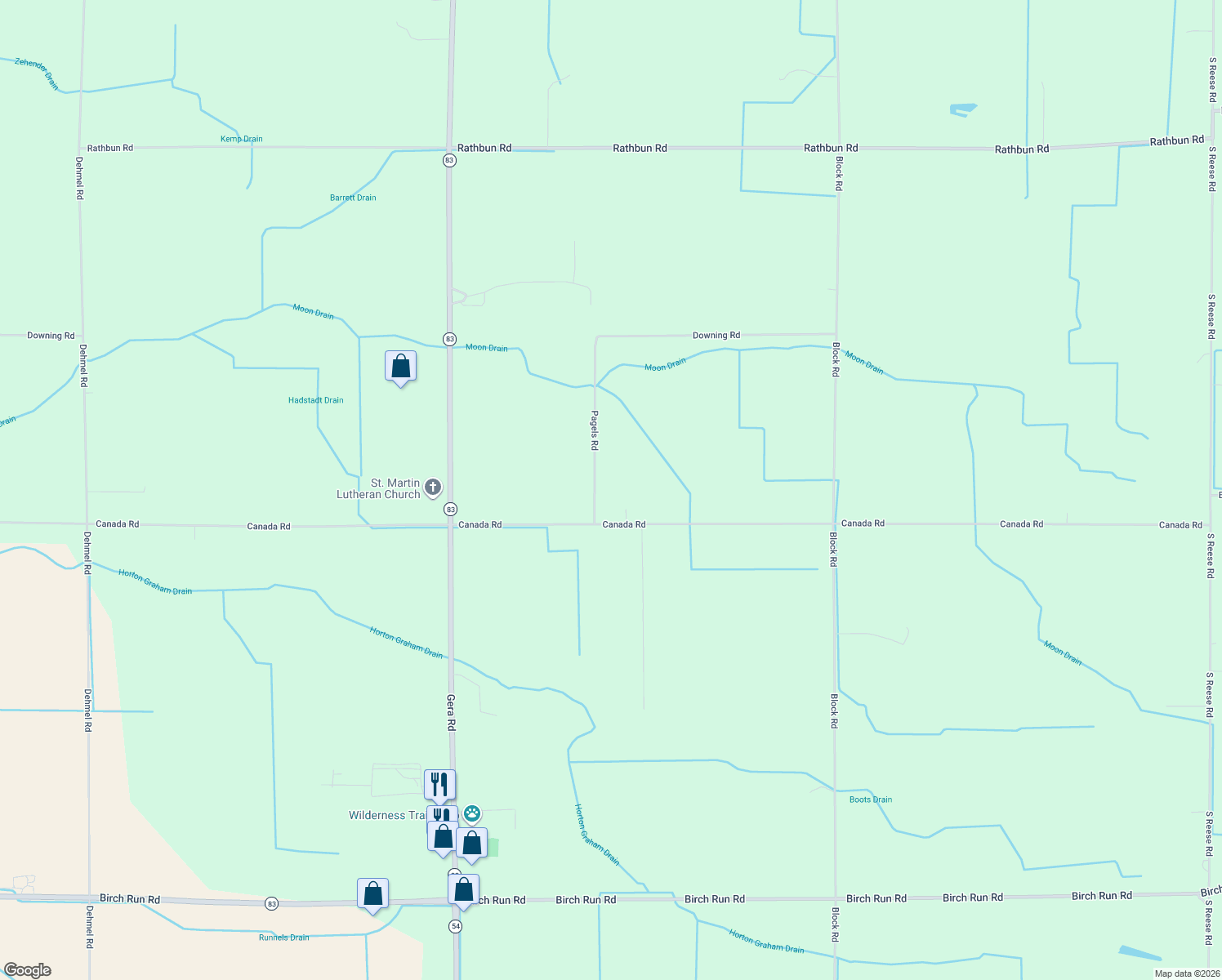 map of restaurants, bars, coffee shops, grocery stores, and more near 10920 Pagels Rd in Birch Run