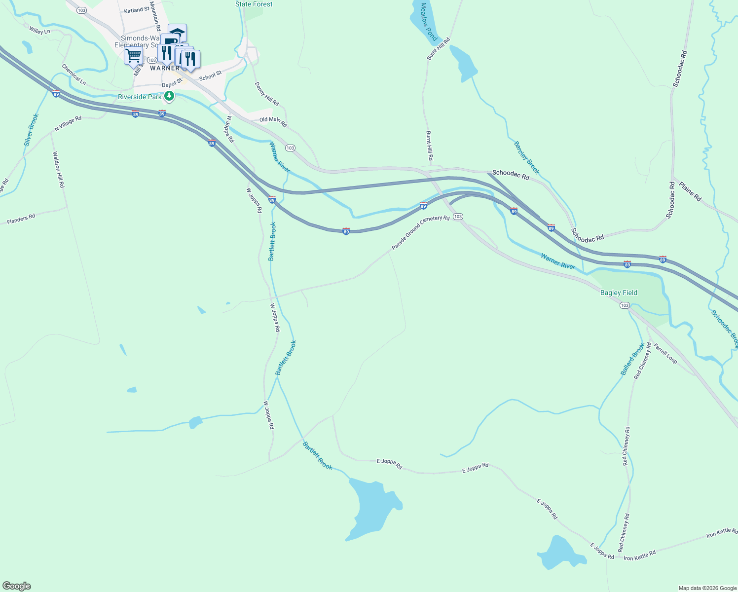 map of restaurants, bars, coffee shops, grocery stores, and more near 111 Parade Ground Cemetery Road in Warner