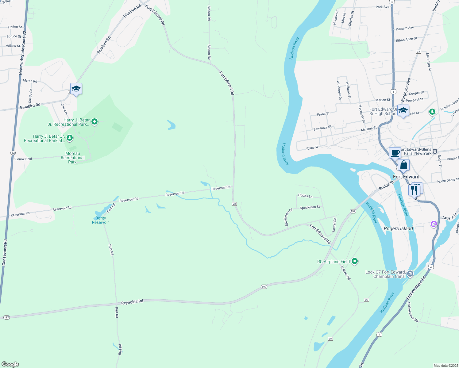 map of restaurants, bars, coffee shops, grocery stores, and more near 105 Fort Edward Road in Fort Edward