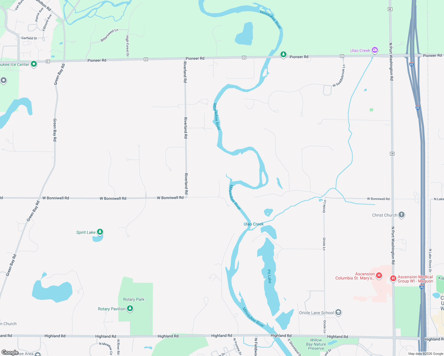 map of restaurants, bars, coffee shops, grocery stores, and more near 3112 W Bonniwell Rd in Mequon