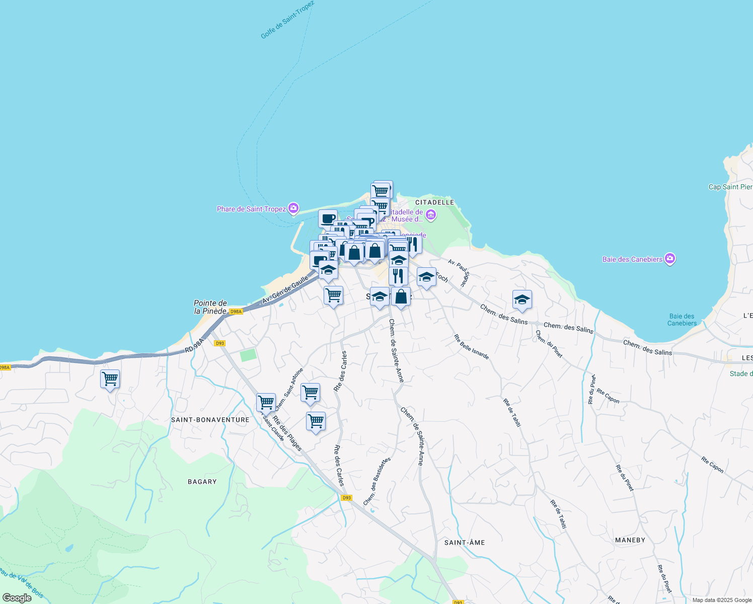 map of restaurants, bars, coffee shops, grocery stores, and more near 10 Le Couvent in Saint-Tropez