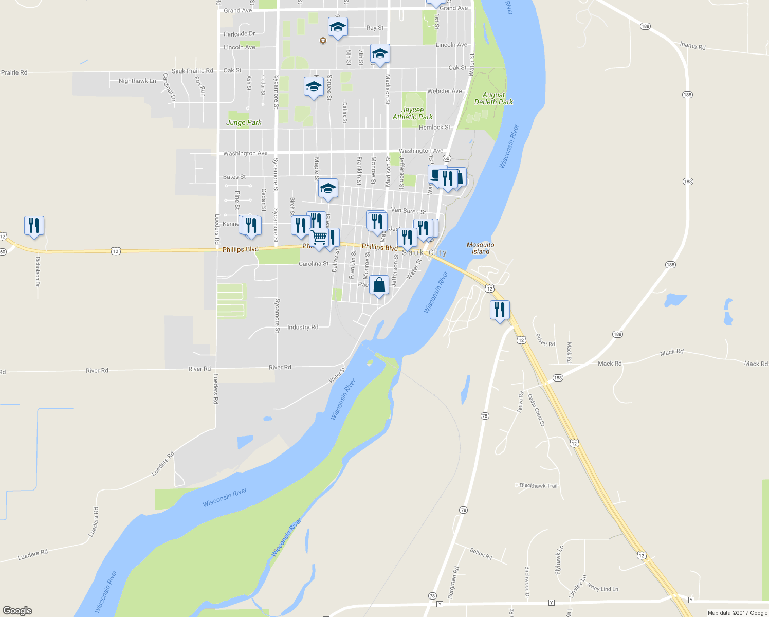 map of restaurants, bars, coffee shops, grocery stores, and more near 1204 Water Street in Sauk City